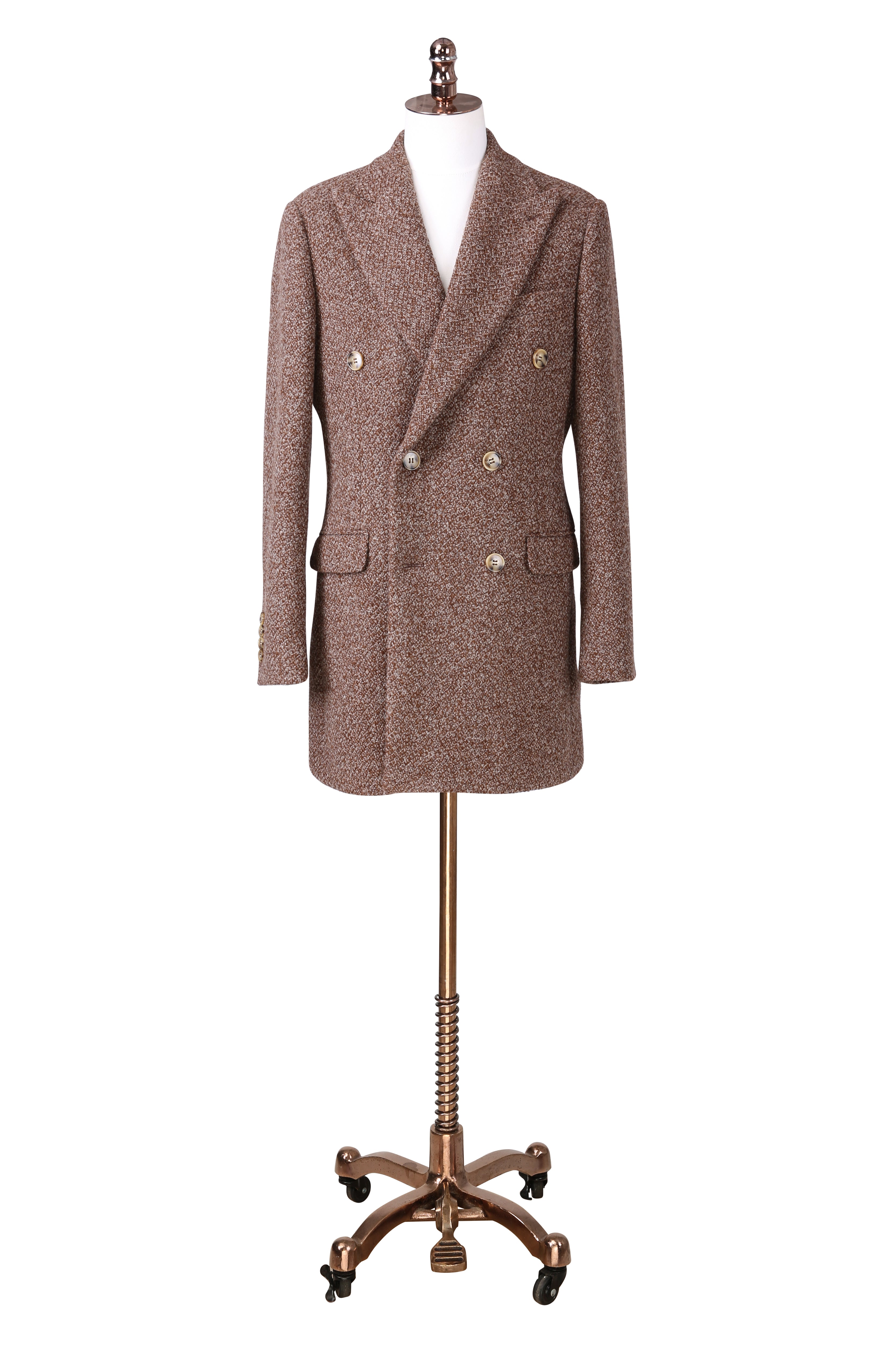 Brown double-breasted coat on a mannequin against a white background tweed jacket