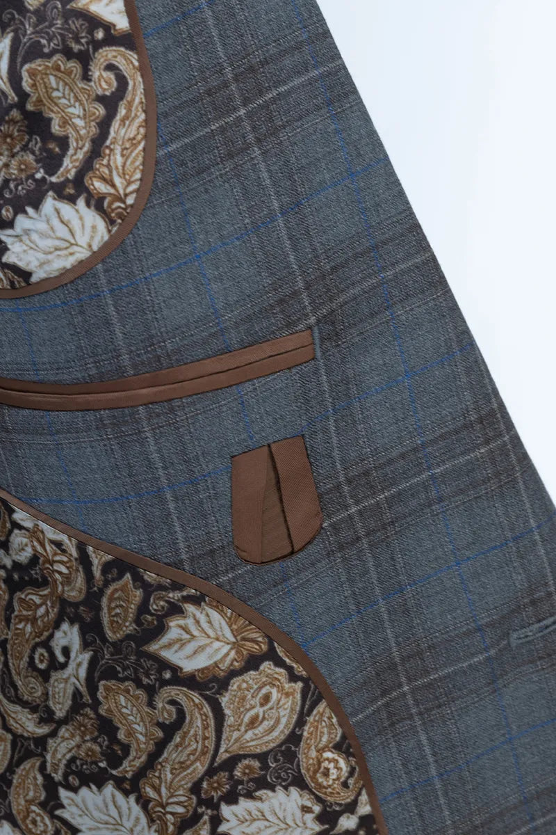 Gray checkered fabric with brown paisley patterns and leather accents italian wool blazer sport coat custom made jacksonville fl