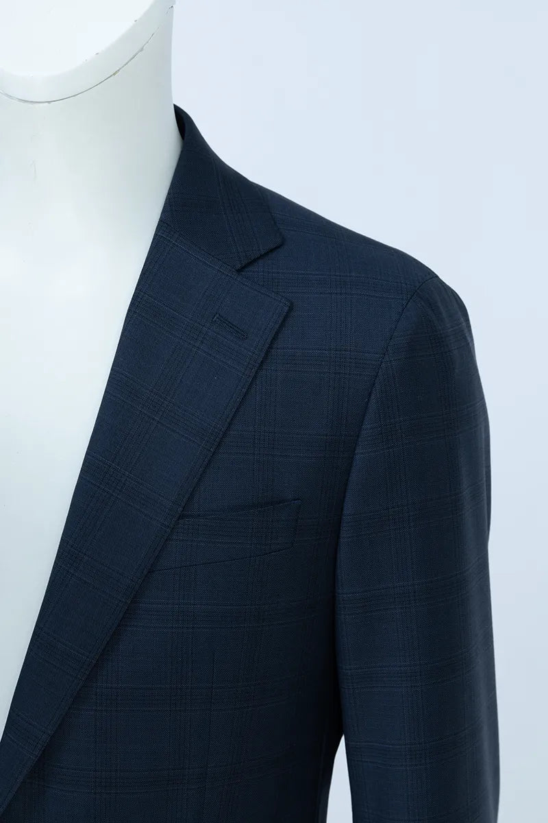 Navy blue checkered suit jacket on a mannequin custom made suits for wedding and business orlando florida 