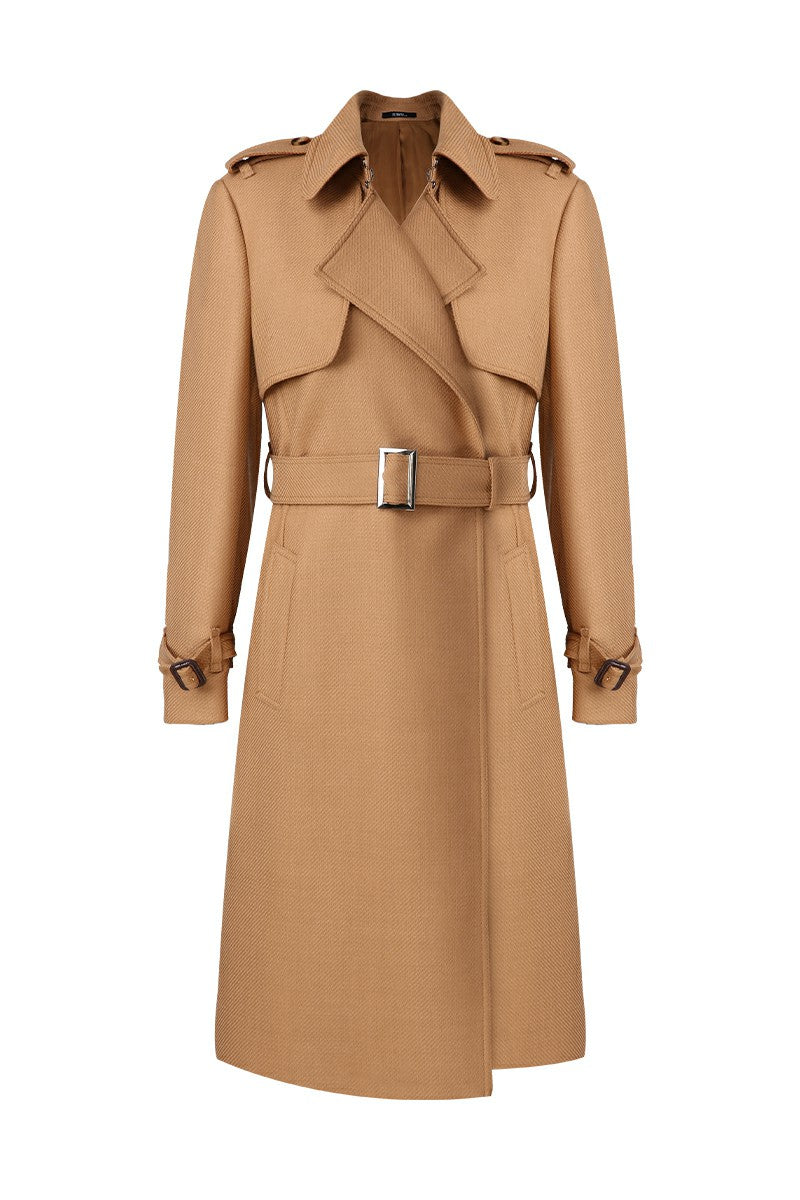 Tan trench coat with a belt on a white background
