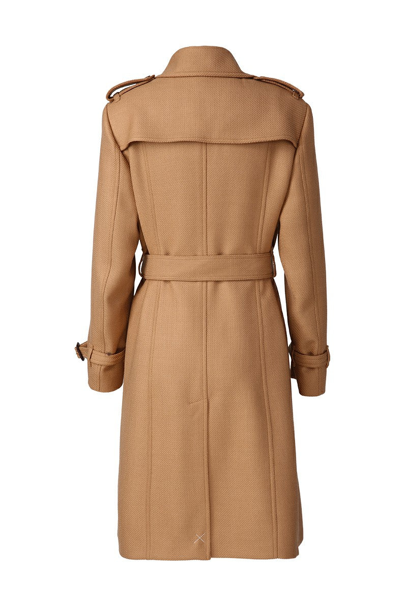 Tan trench coat on a white background