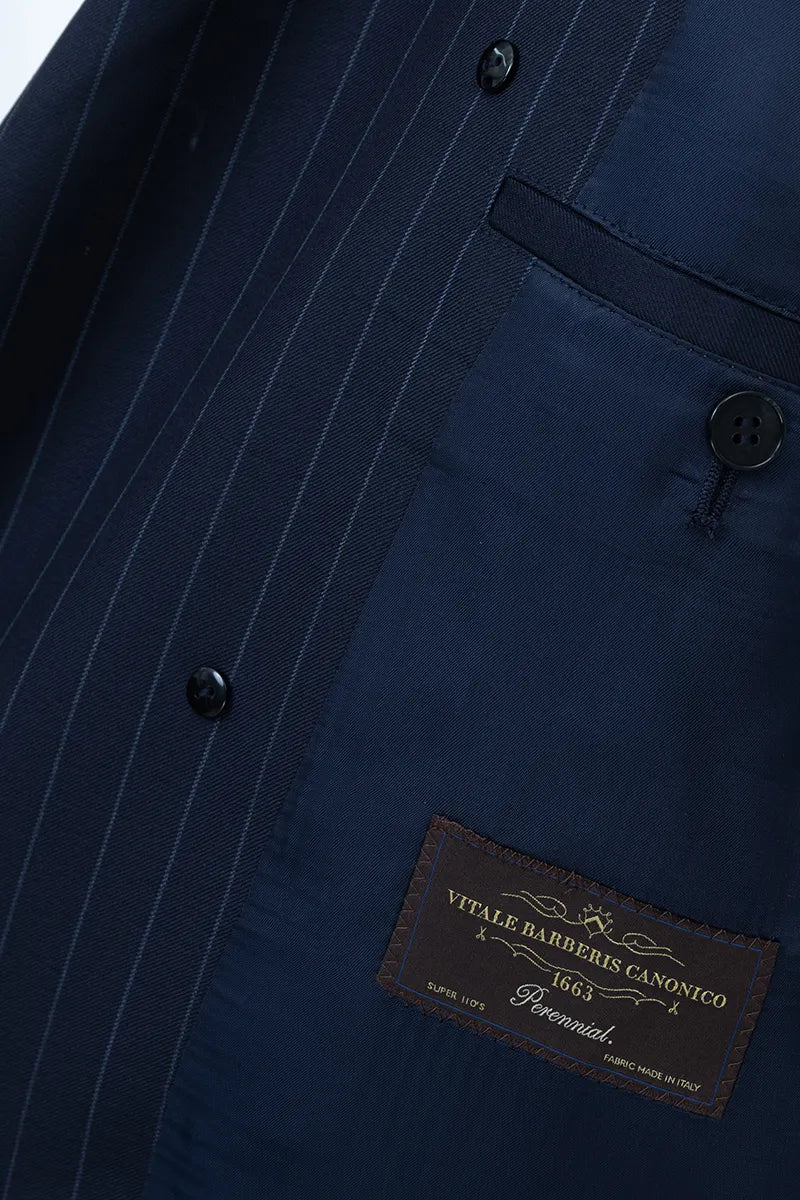 Navy Stripe Italian Wool Tailored Overcoat