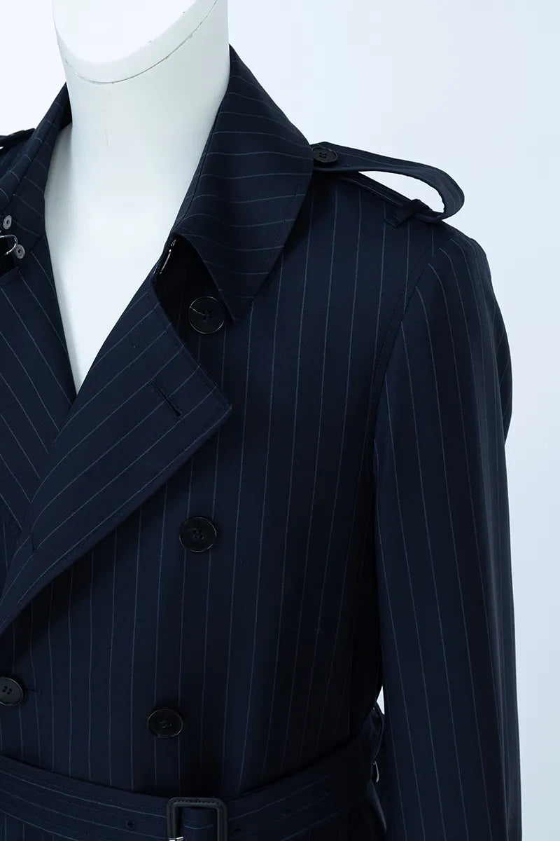 Navy Stripe Italian Wool Tailored Overcoat