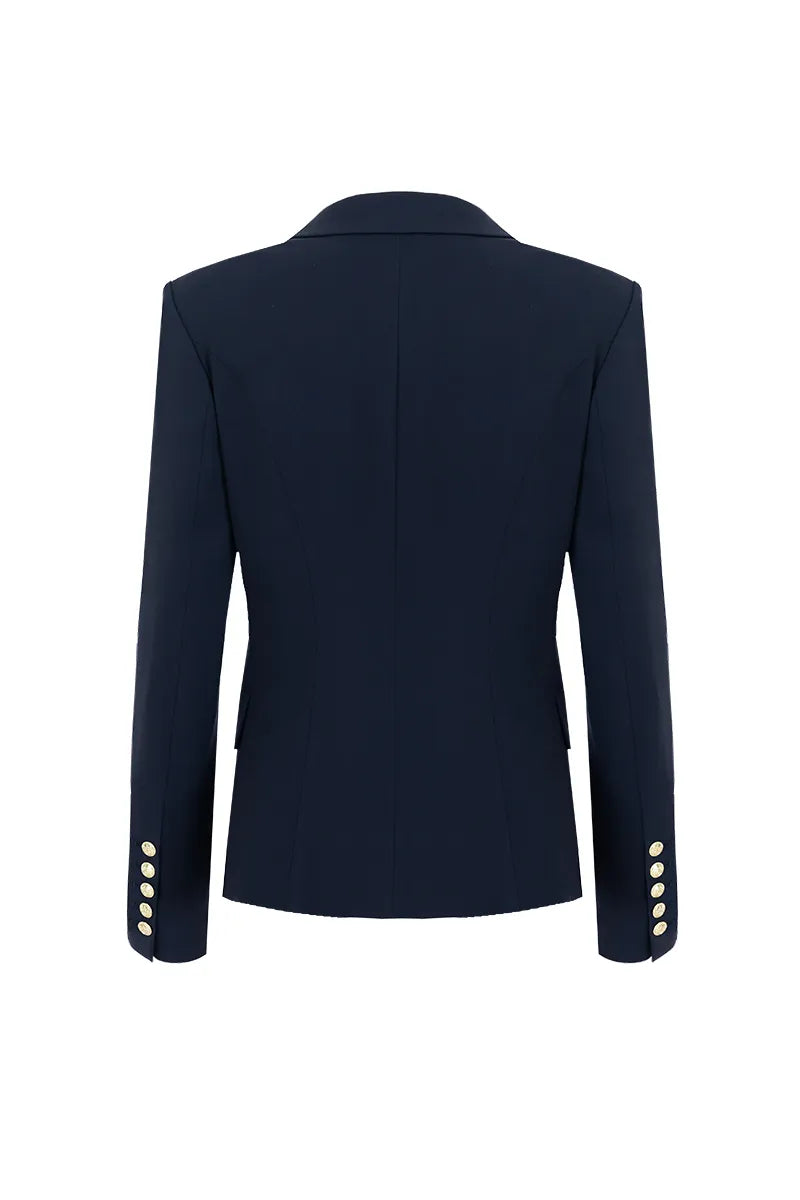 Navy blue blazer with gold buttons office wear