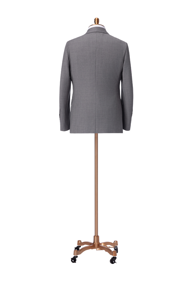Elegant men's light gray blazer crafted from 100% wool, featuring a distinctive shawl lapel design, single-button front closure, structured shoulders, and tailored fit for formal occasions. Displayed on a mannequin stand, this sophisticated blazer is ideal for business professionals, weddings, evening events, and upscale gatherings. Perfectly pairs with dress pants, formal shirts, and accessories for a complete polished look, showcasing luxury men's formalwear and timeless fashion style.