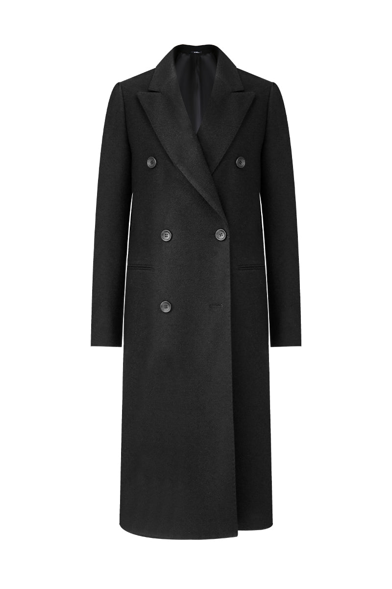 Black overcoat with double-breasted buttons on a white background