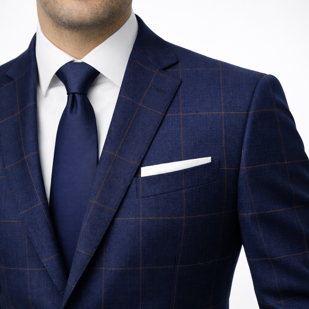 Custom navy blue windowpane suit tailored in Jacksonville Florida by Zane