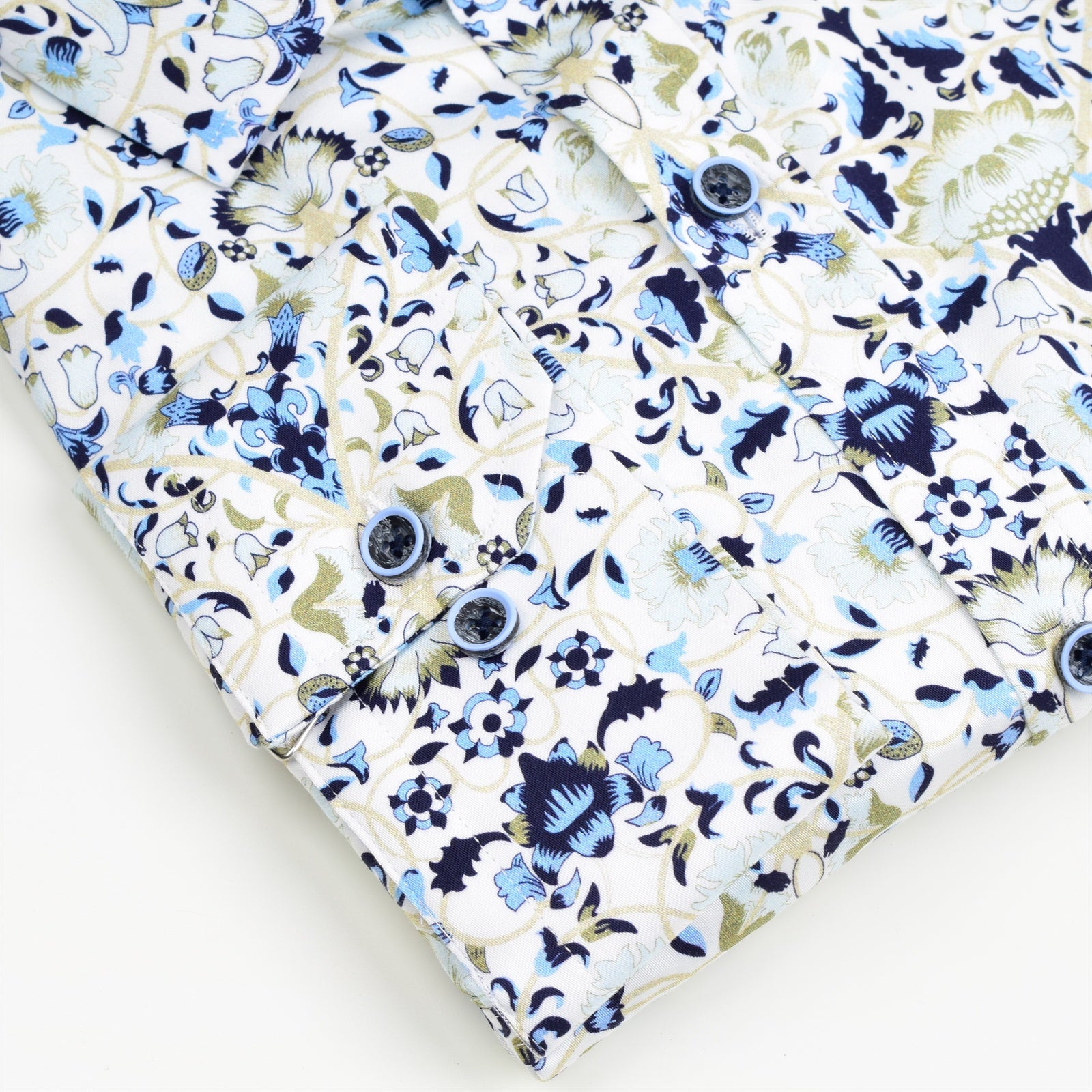 A premium cotton shirt with a floral pattern in blue and white colors, featuring a button-up front and a collar. Blue floral Italian cutaway slim fit dress shirt mens long sleeve cotton formal shirt Jacksonville formalwear Zane Suits and Tuxedos