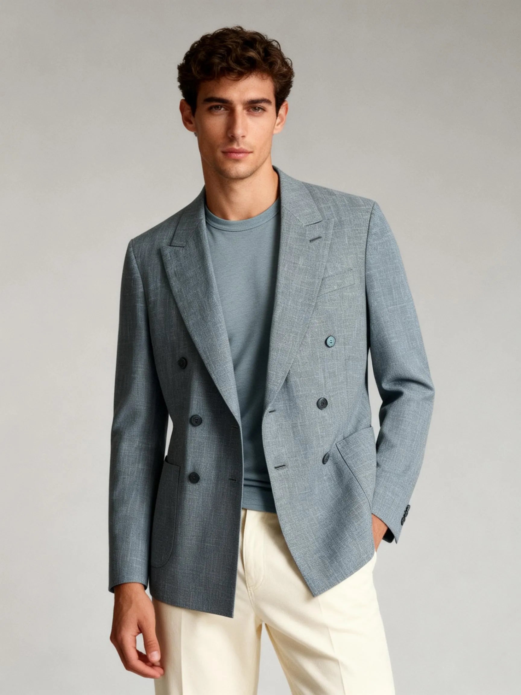 Man wearing a gray blazer over a light blue shirt and white pants on a plain background