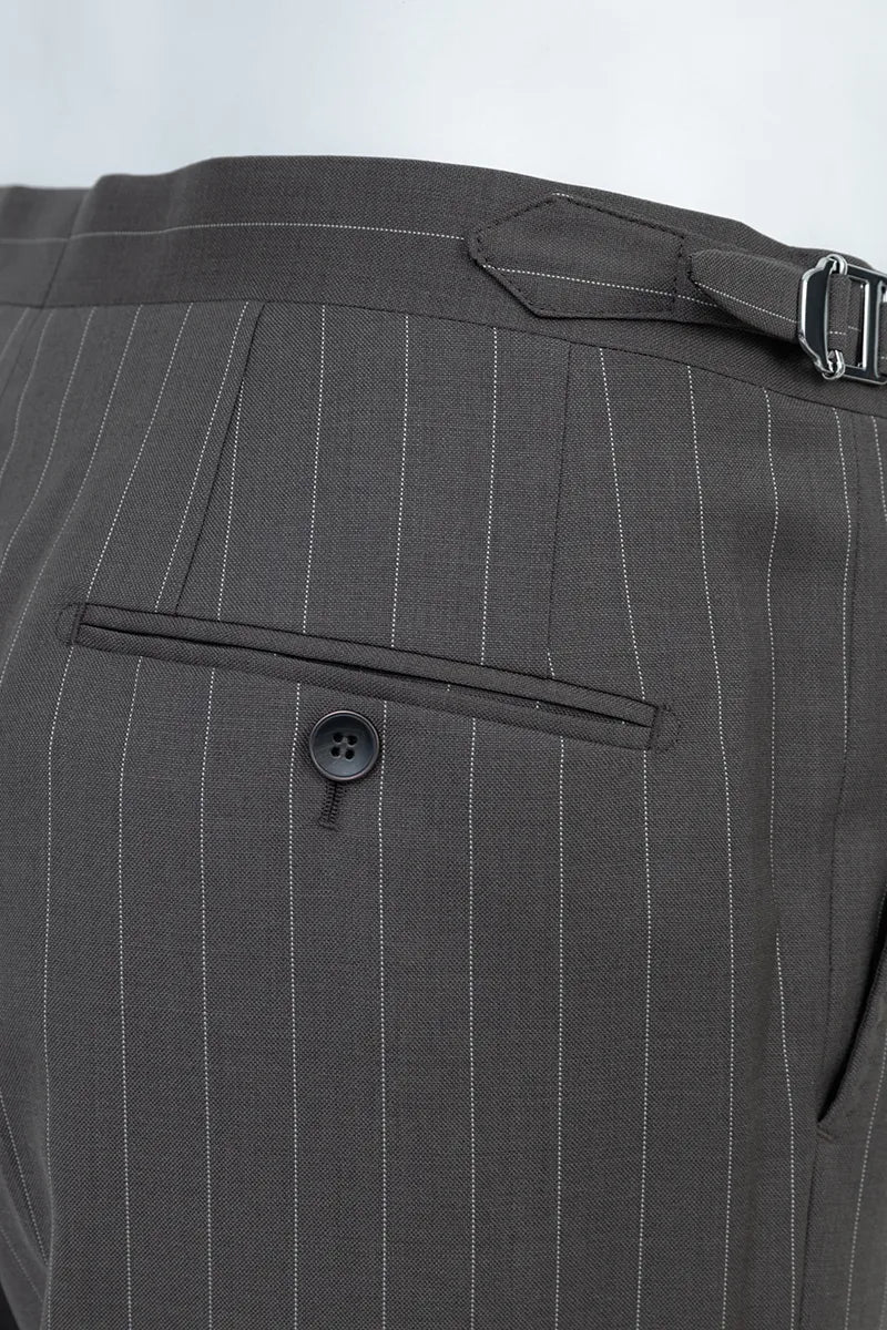 Gray pinstripe suit with a button and belt on a white background classic affordable suits 