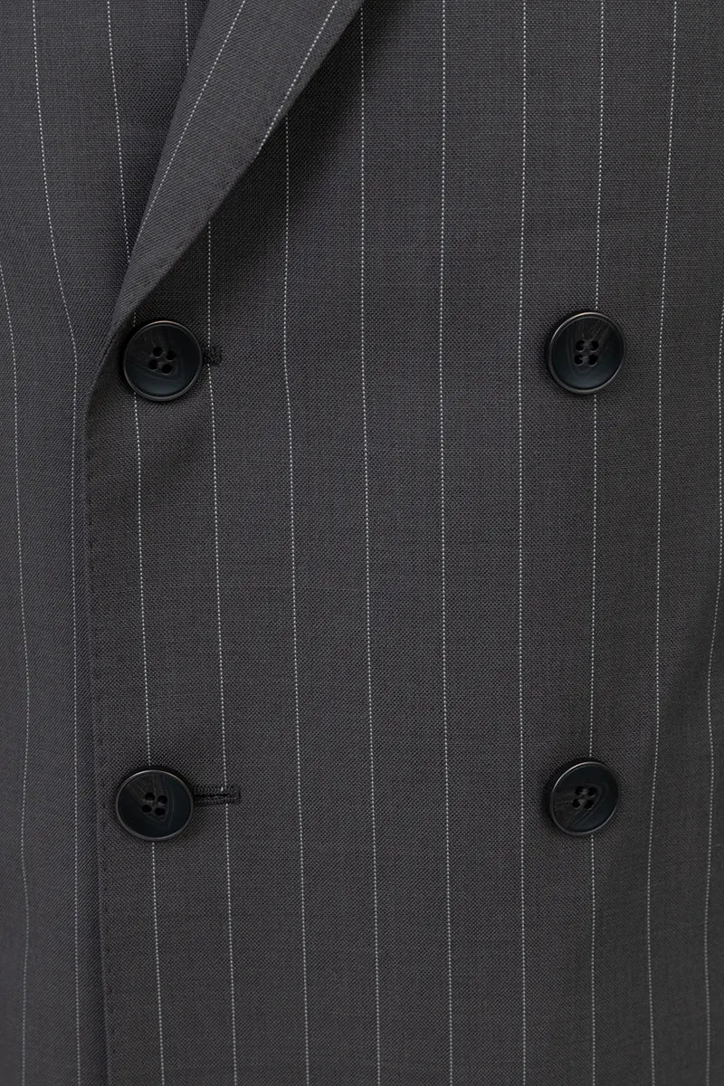 Close-up of a gray pinstripe suit with black buttons custom double breasted suit 