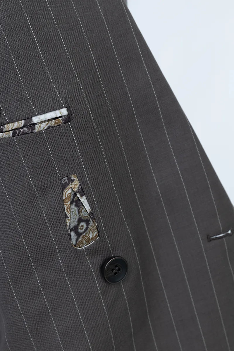 Close-up of a gray pinstripe suit with decorative buttons online custom suits bespoke jacksonville 
