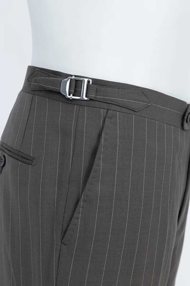 Gray pinstripe pants with a belt  italian style suits side pants ajuster best suits near me 